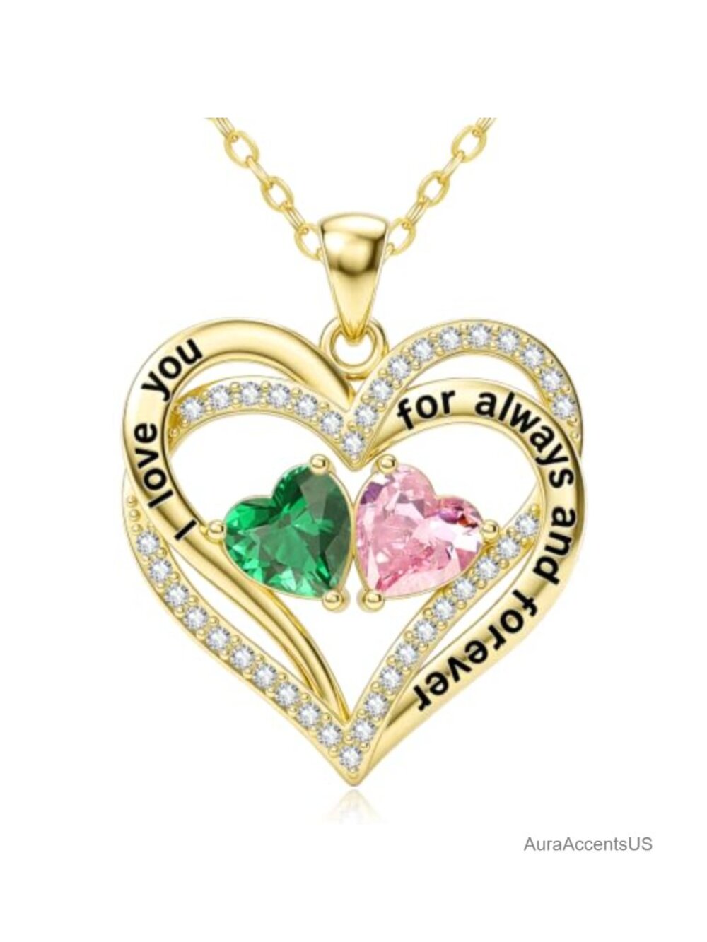14K Gold Double Heart Birthstone Pendant Necklace Adjustable